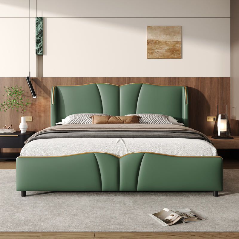 Queen Size PU Leather Wingback Platform Bed | Wave-Shaped Headboard & Footboard | 46.5" Tall Headboard | High-Resilience Sponge Fill | 800 lbs Wood Slats | No Box Spring Needed | Dark Green / Black / Antique Blue