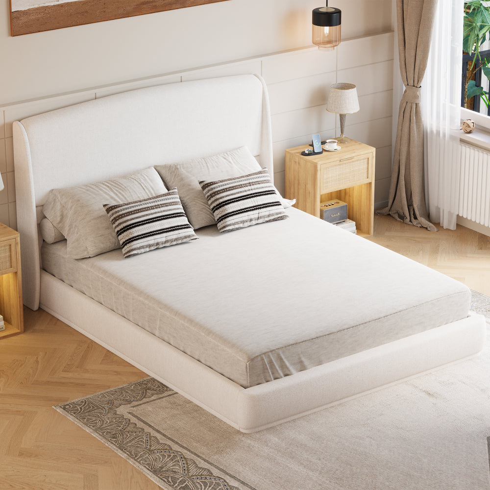 Queen Size Linen Upholstered Platform Bed | Curved Wingback Headboard | Fully Upholstered Frame | Solid Wood & Reinforced Slats | No Box Spring Needed | Easy Assembly | Beige / Brown