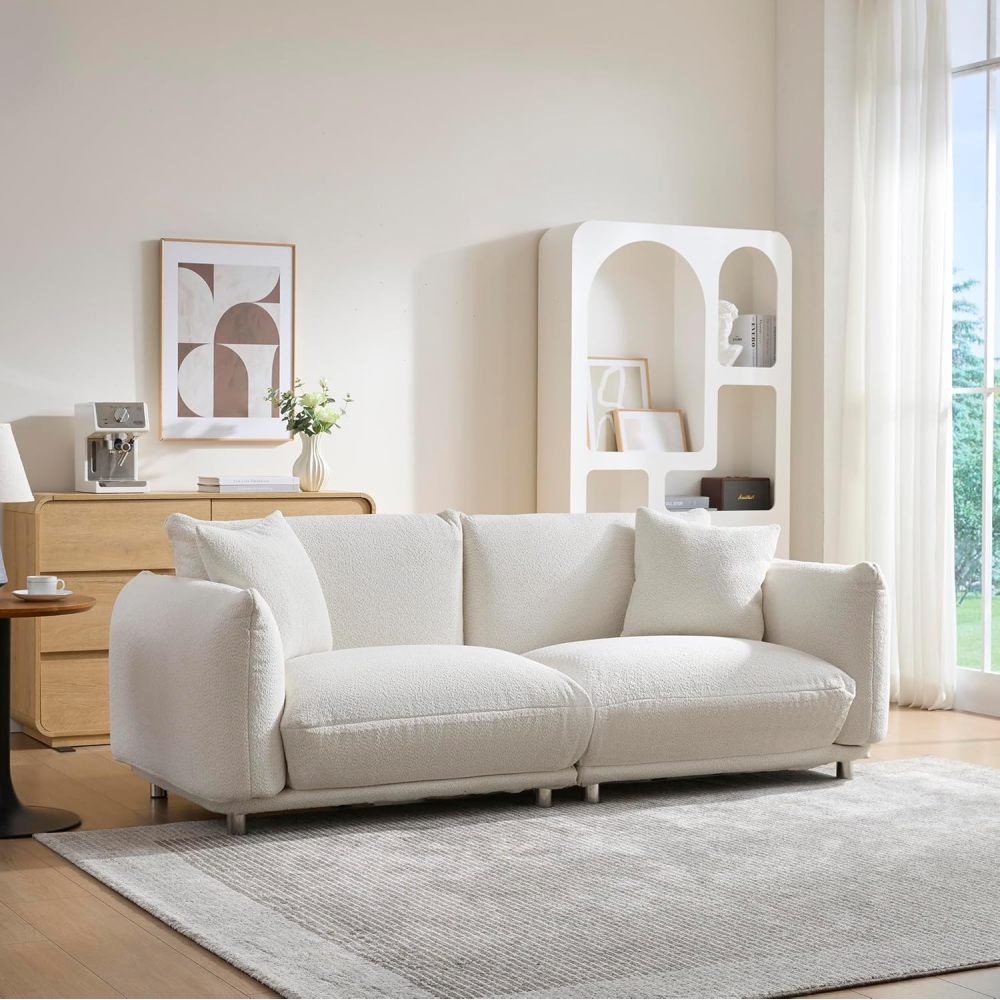 87.4" Sherpa Cloud 3-Seater Loveseat Sofa | Precision-Tailored Stitching | High-Density Foam Fill | Solid Hardwood Frame with Reinforced Joints | Stain-Resistant Velvet | 2 Pillows Included | White / Beige