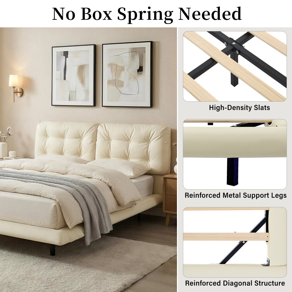 Queen Size PU Leather Floating Platform Bed | Button Tufted Segmented Headboard | Remote-Controlled LED Light Strip 6 Colors | 800 lbs | Hidden Leg Design | No Box Spring Needed | Pink / White / Khaki