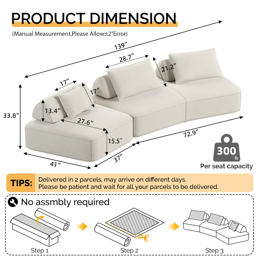 139" Oversized Modular Sectional Sofa | 4-Seat DIY Fluffy Chenille Deep-Seat Couch & Sofa Bed | Removable Backrests & Pillows | High-Density Rebound Foam | Anti-Slip Base | No Assembly | Living Room, Office | Dark Gray/Beige