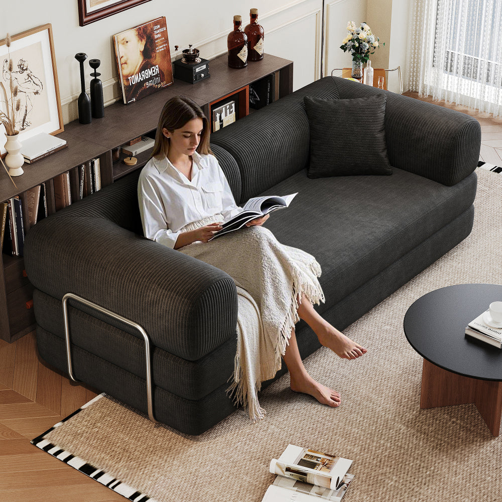 78.8" Convertible Floor Sofa Bed | Boneless Modular Sectional Couch | Pillow Back Support Armrests | Corduroy Fabric + Foam Fill | Hardware-Secured Backrest | No Assembly Required | Living Room, Bedroom, Apartment | Gray/Black/Camel/Green/Brown/Blue