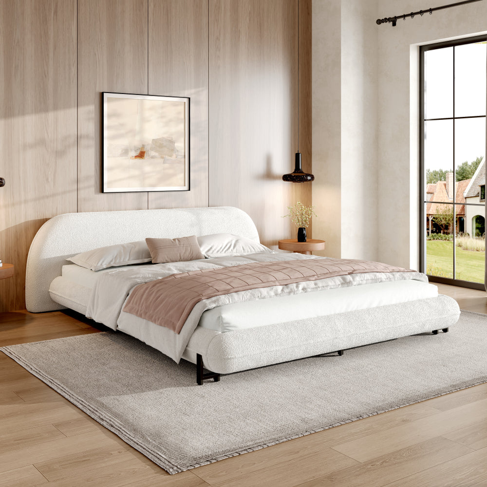Queen/King Size Boucle Upholstered Platform Bed | Thick Curved Headboard | Solid Wood Center Legs & Dual Steel Outer Legs | 500 lbs | Embedded Structure | No Box Spring Needed | White