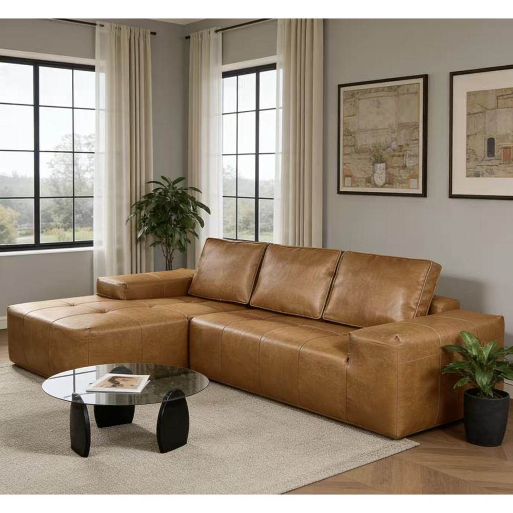 Boneless Couches for Living Room, Brown Faux Leather Cloud Sectional Couches with Chaise, Deep Seat L Shaped Modular Sofa, No Assembly Required Sofas in a Box (Left,Faux Leather,Brown)