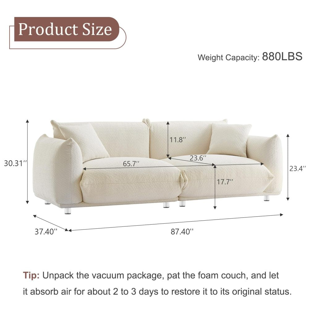 87.4" Sherpa Cloud 3-Seater Loveseat Sofa | Precision-Tailored Stitching | High-Density Foam Fill | Solid Hardwood Frame with Reinforced Joints | Stain-Resistant Velvet | 2 Pillows Included | White / Beige