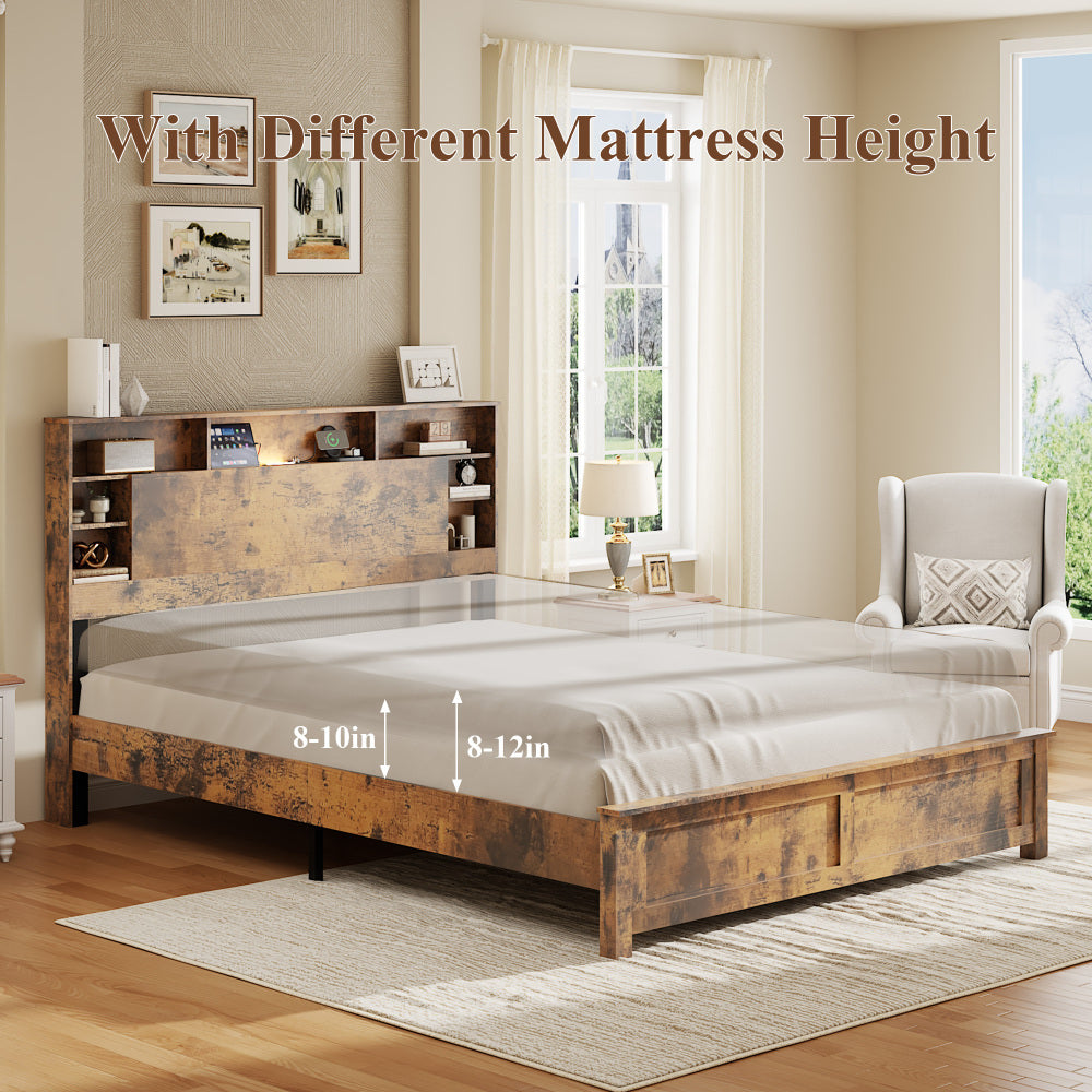 Full/Queen/King Size Wood Platform Bed | Bookcase Storage Headboard with LED Lights & Charging Station USB + Outlets | Black Metal Legs | No Box Spring Needed | Antique Dark Brown
