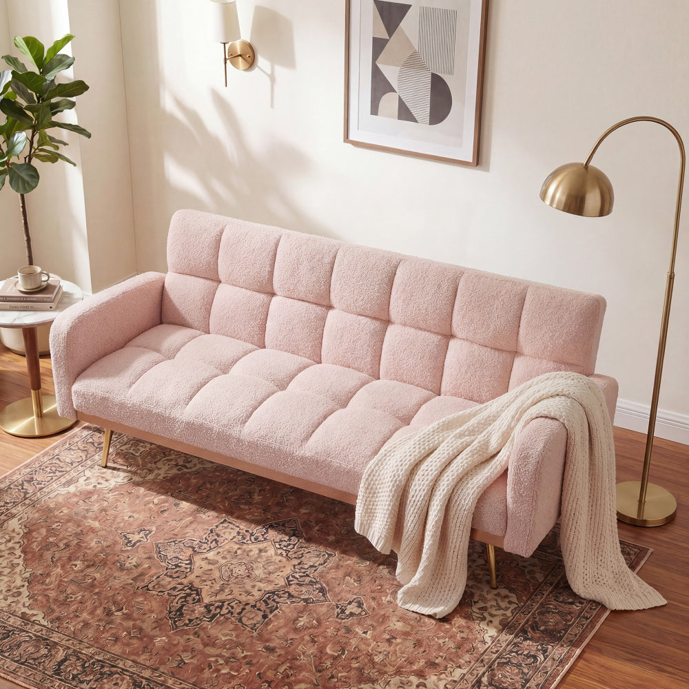 69" Soft Teddy Fleece Convertible Sofa Bed | 3-Speed Adjustable Backrest | Wide Detachable Armrests | Solid Wood + Metal Frame | Multifunctional Couch for Living Room, Bedroom, Small Space | Pink/Beige/Gray/Green