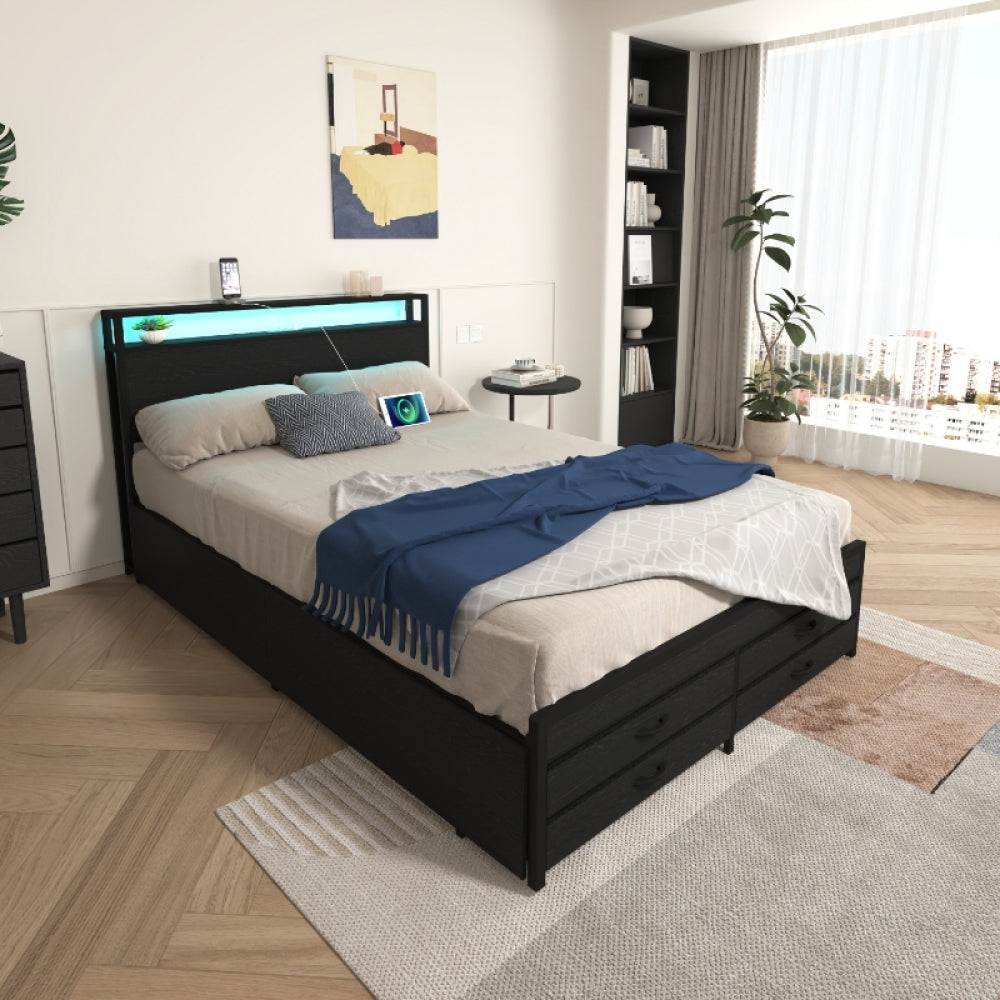 Twin/Full/Queen Size Metal Platform Bed with 4 Storage Drawers | Headboard Charging Station 2 Outlets & 2 USB | 16 RGB LED Lights 60000+ Colors | Heavy Duty Steel Slats | No Box Spring Needed | Black