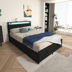 Twin/Full/Queen Size Metal Platform Bed with 4 Storage Drawers | Headboard Charging Station 2 Outlets & 2 USB | 16 RGB LED Lights 60000+ Colors | Heavy Duty Steel Slats | No Box Spring Needed | Black