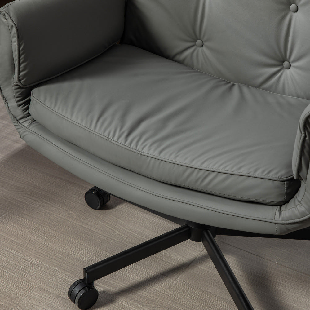 Criss Cross Wide-Seat Lounge Office Chair | 6-Gear Adjustable Armrests | Removable Headrest | Gentle Rocking + 360° Swivel | Pet-Friendly PU/Boucle Upholstery | Cross-Legged Sitting | Home Office, Gaming, Makeup, Conference | Gray/Ivory/Brown