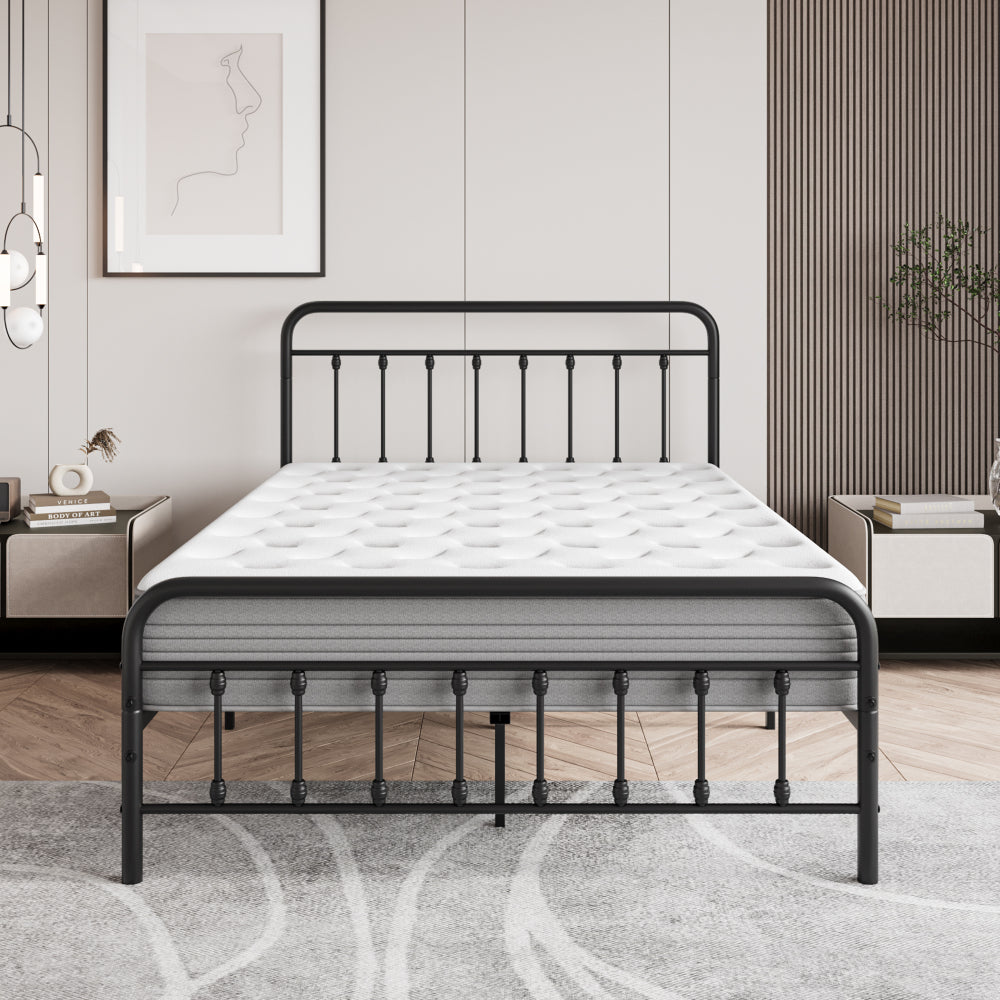Twin/Full/Queen Size Victorian Metal Platform Bed Frame | Spindle Headboard & Footboard | 13 Slats + 9 Center Legs | 450 lbs | 10.6" Under-Bed Storage | No Box Spring Needed | Black