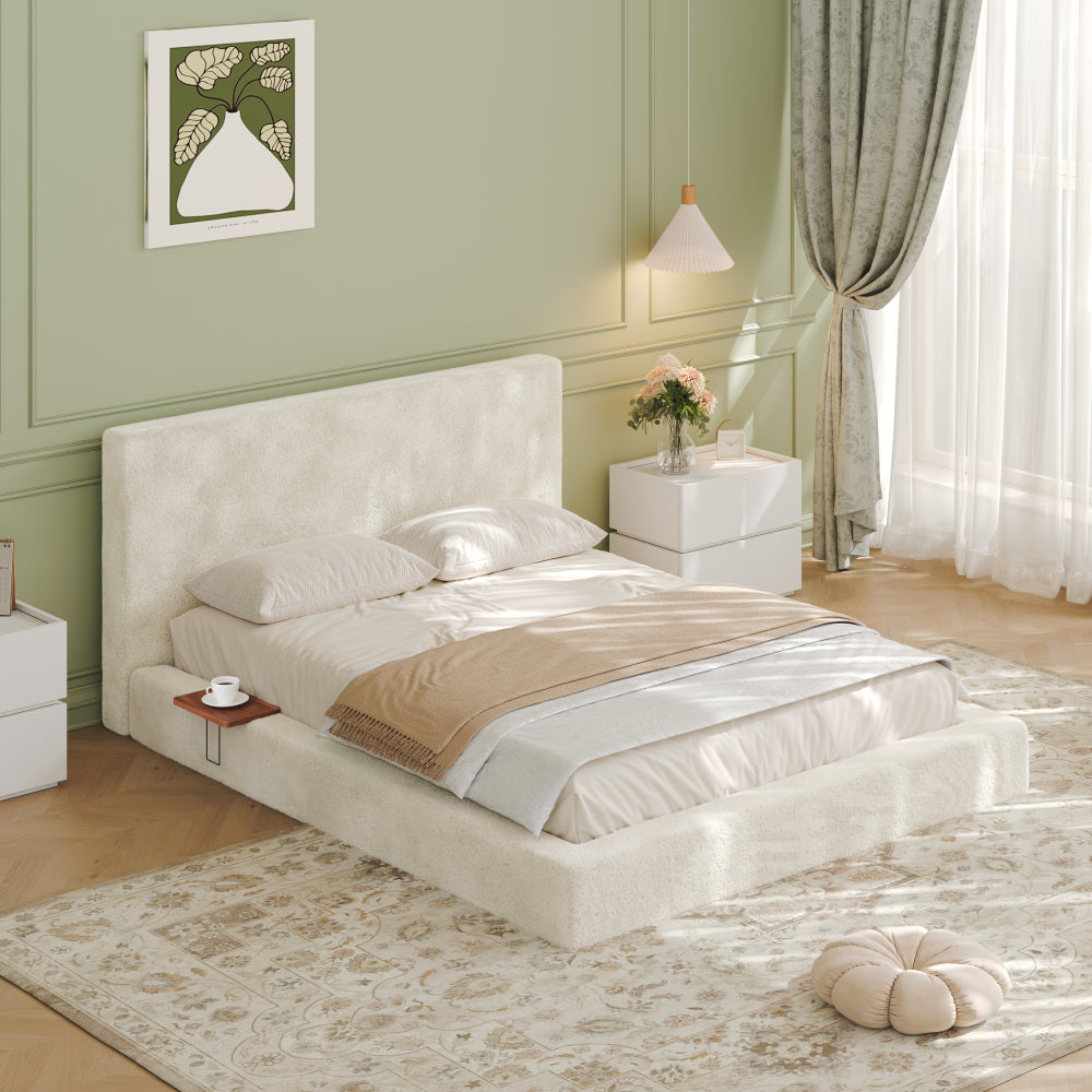 Queen/King Size Cloud Upholstered Platform Bed | Adjustable Sliding Side Shelves | Sherpa Chenille Fabric | CertiPUR-US & OEKO-TEX Certified Foam | Anti-Collision Low Profile | No Box Spring Needed | Off White