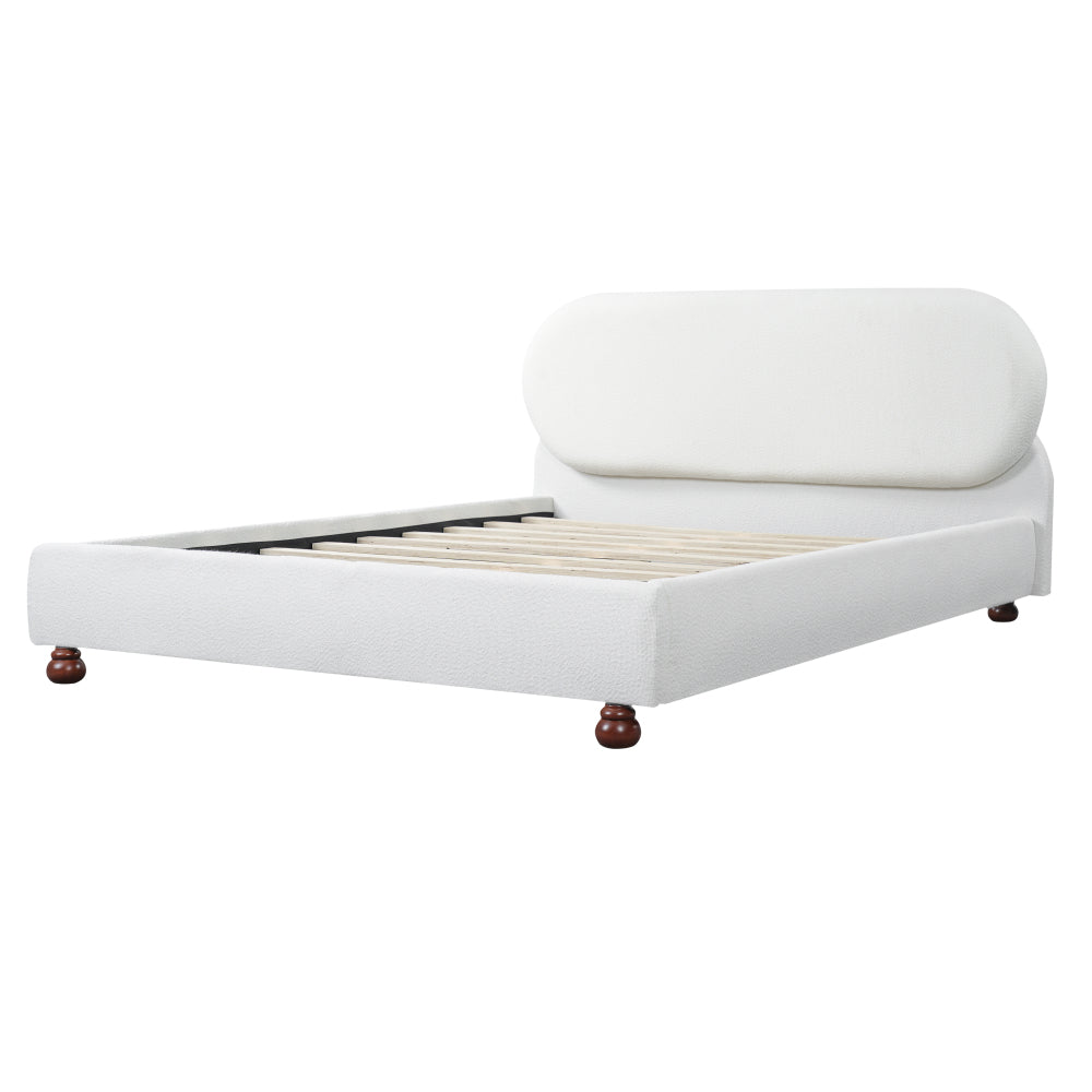Queen/King Size Cream Boucle Upholstered Platform Bed | Smooth Curved Design | Gourd-Shaped Rubberwood Legs | 800 lbs Heavy Duty | No Box Spring Needed | 30-40 Min Assembly | White/Cream