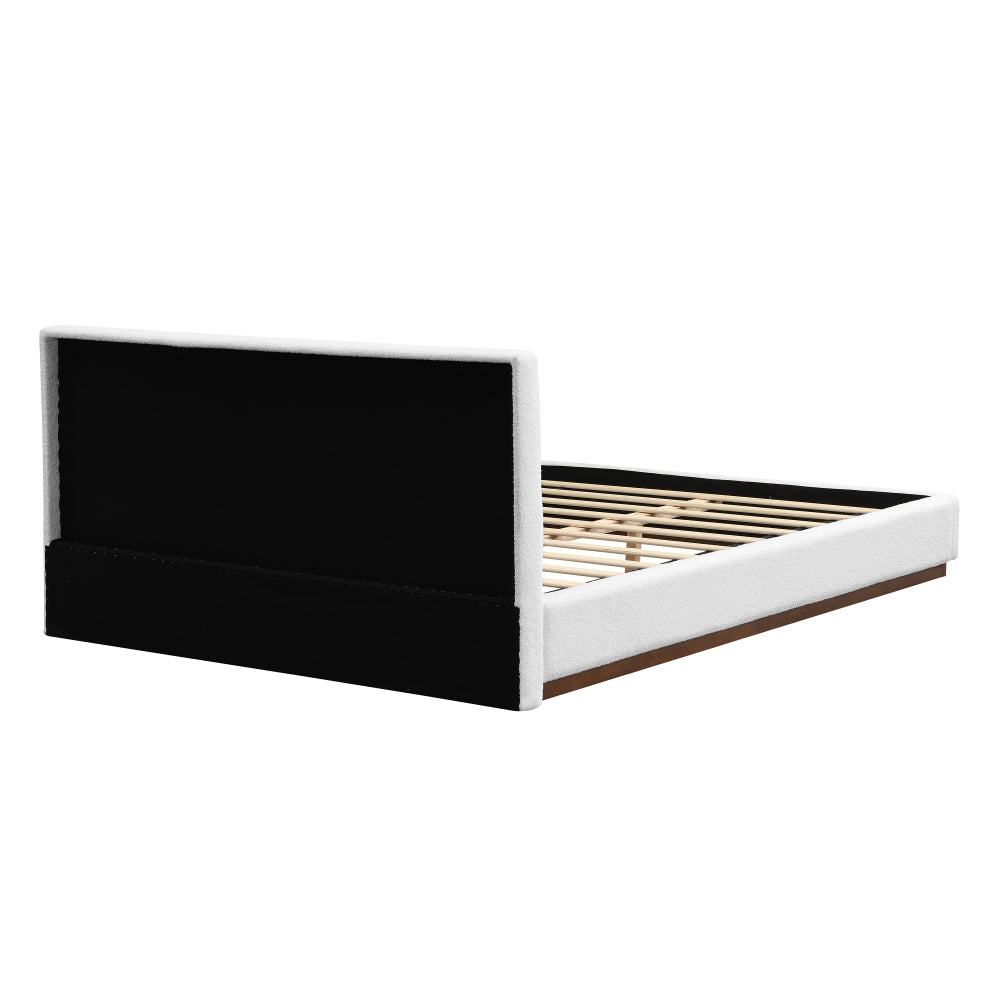 Queen/King Size White Boucle Upholstered Platform Bed | Wood Grain Textured Brown Solid Wood Base | 11 Slats + 4 Legs | 800 lbs | No Box Spring Needed | 2-Person Easy Assembly | White