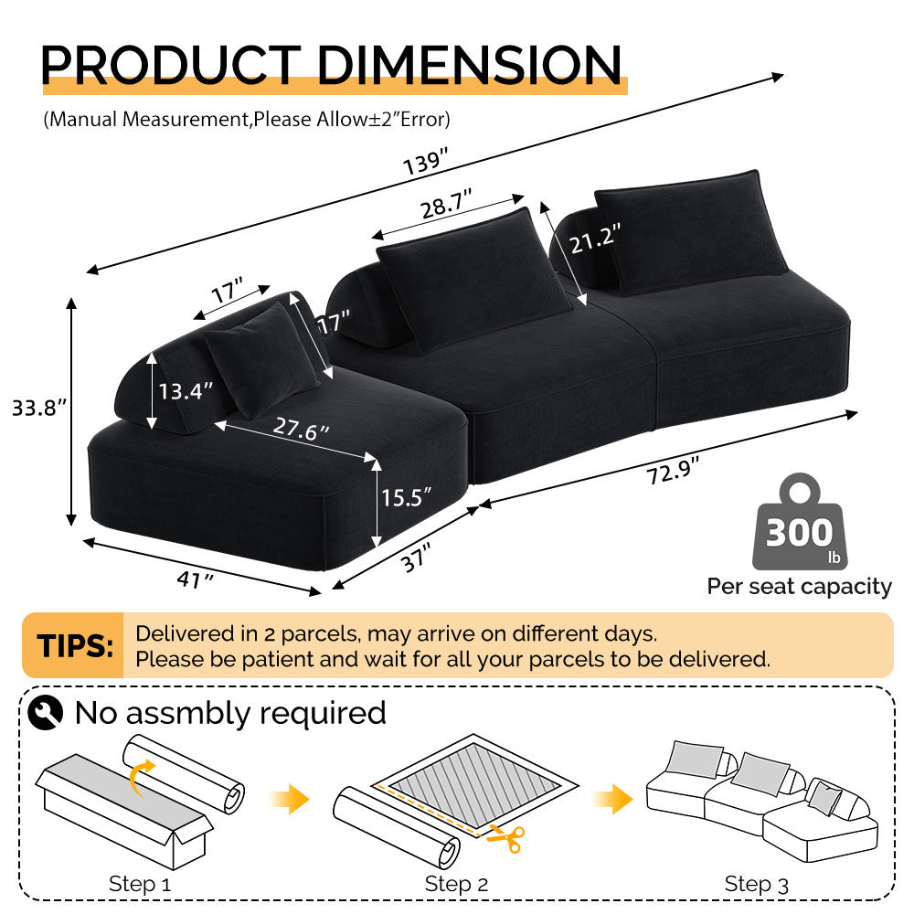 139" Oversized Modular Sectional Sofa | 4-Seat DIY Fluffy Chenille Deep-Seat Couch & Sofa Bed | Removable Backrests & Pillows | High-Density Rebound Foam | Anti-Slip Base | No Assembly | Living Room, Office | Dark Gray/Beige