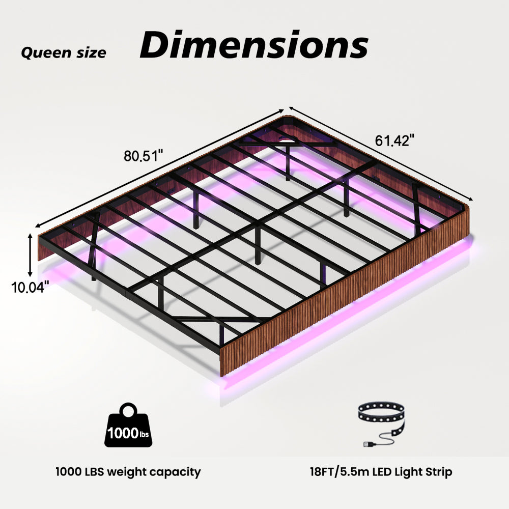Oak King Floating Bed Frame with LED Lights, Wave Curve Wood Texture Bed with Heavy Duty Metal Slats - No Box Spring Needed.