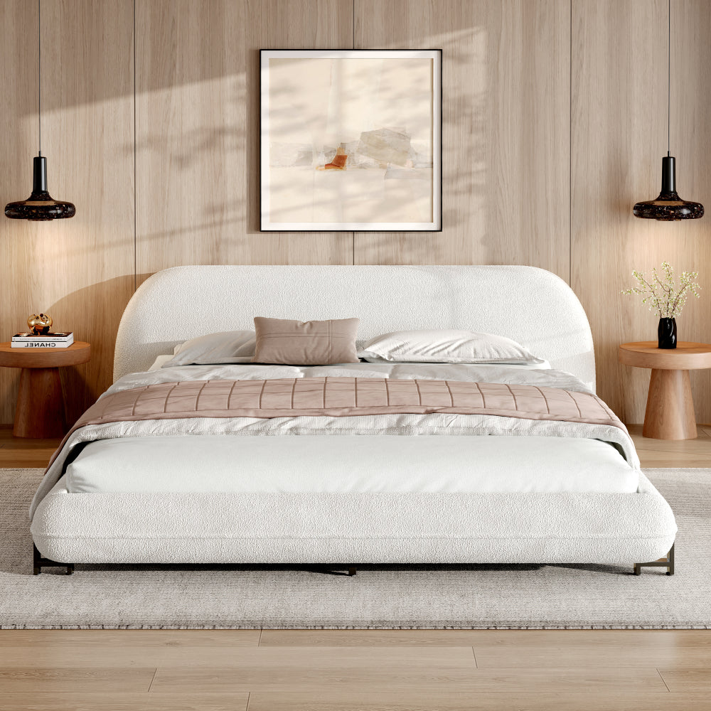 Queen/King Size Boucle Upholstered Platform Bed | Thick Curved Headboard | Solid Wood Center Legs & Dual Steel Outer Legs | 500 lbs | Embedded Structure | No Box Spring Needed | White