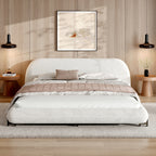 Queen/King Size Boucle Upholstered Platform Bed | Thick Curved Headboard | Solid Wood Center Legs & Dual Steel Outer Legs | 500 lbs | Embedded Structure | No Box Spring Needed | White