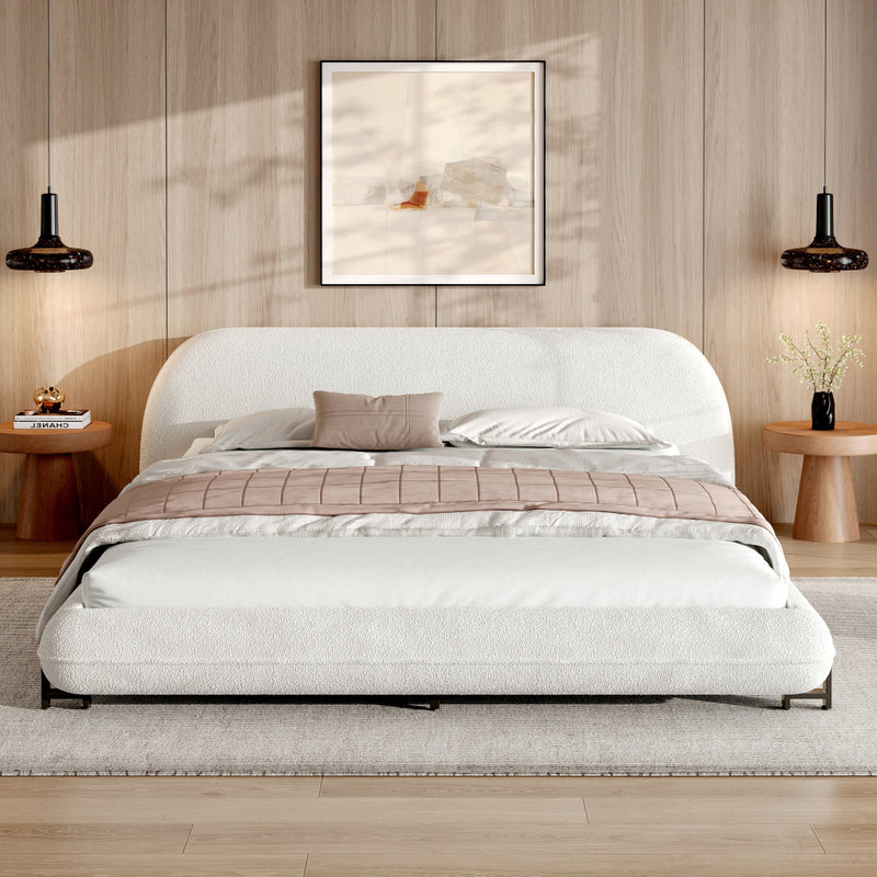 Queen/King Size Boucle Upholstered Platform Bed | Thick Curved Headboard | Solid Wood Center Legs & Dual Steel Outer Legs | 500 lbs | Embedded Structure | No Box Spring Needed | White