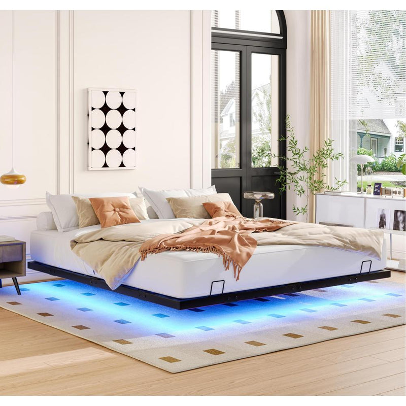 Queen/King Size Floating Metal Platform Bed | Hidden LED Underglow App & Remote Control | 10 Slats + 4 Cross Frames + 6 Steel Legs | 1000 lbs | No Box Spring Needed | Black