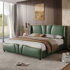 Queen Size PU Leather Wingback Platform Bed | Wave-Shaped Headboard & Footboard | 46.5" Tall Headboard | High-Resilience Sponge Fill | 800 lbs Wood Slats | No Box Spring Needed | Dark Green / Black / Antique Blue