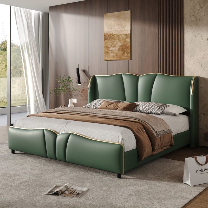 Queen Size PU Leather Wingback Platform Bed | Wave-Shaped Headboard & Footboard | 46.5" Tall Headboard | High-Resilience Sponge Fill | 800 lbs Wood Slats | No Box Spring Needed | Dark Green / Black / Antique Blue