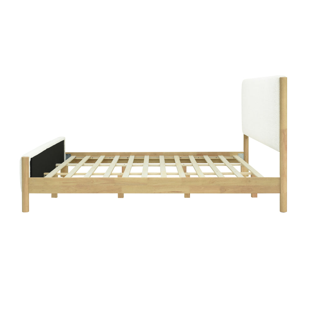 Queen/King Size White Boucle Upholstered Platform Bed | Natural Rubberwood Legs | Sustainable Engineered Wood Frame | No Box Spring Needed | Scandinavian Modern Style | White