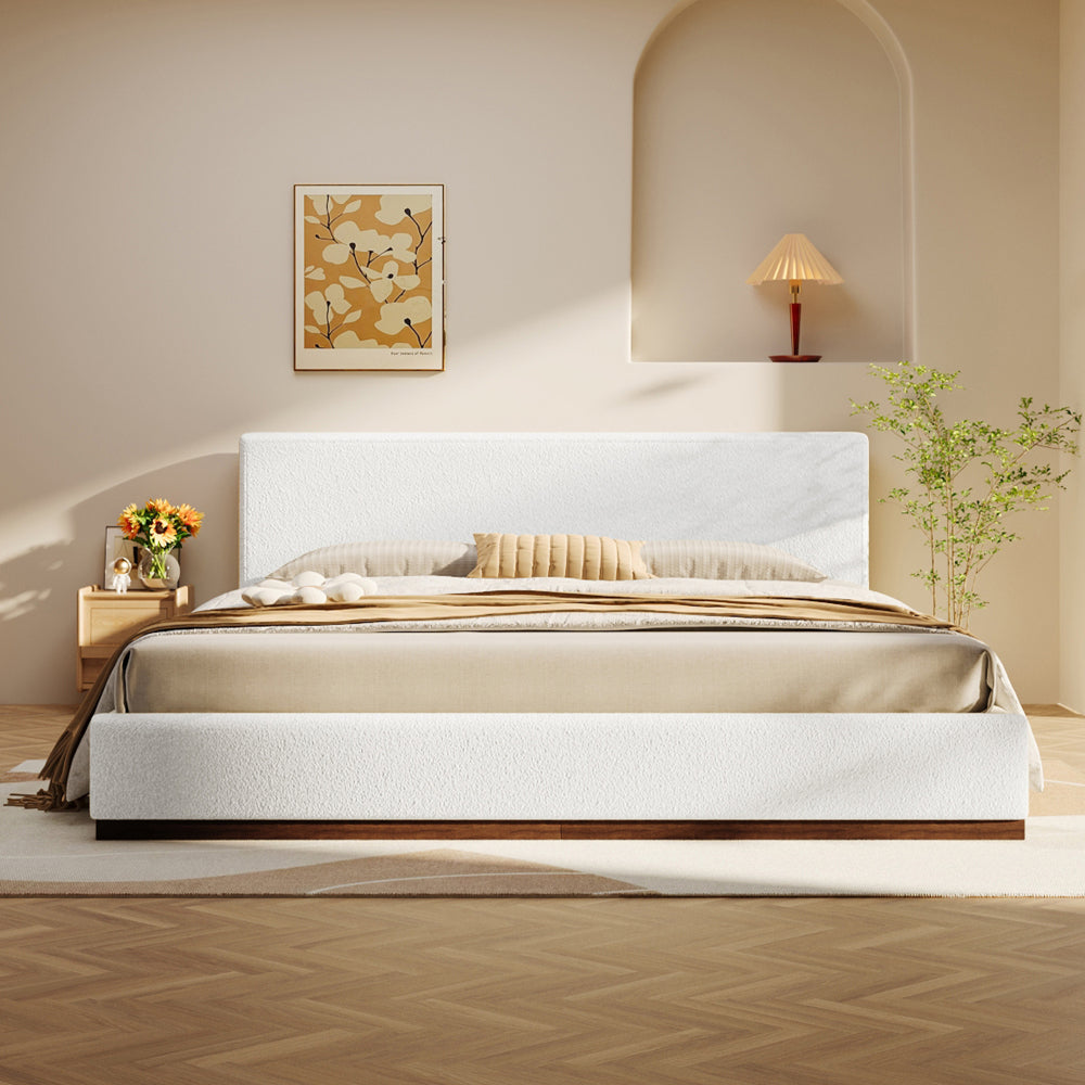 Queen/King Size White Boucle Upholstered Platform Bed | Wood Grain Textured Brown Solid Wood Base | 11 Slats + 4 Legs | 800 lbs | No Box Spring Needed | 2-Person Easy Assembly | White