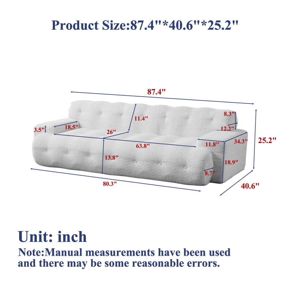 87.4" Cloud Series 3-Seat Minimalist Button-Tufted Sofa | Square Arm Chenille Upholstered Couch | High-Density Foam + Padded Backrest | No Assembly Required | Living Room, Apartment | White/Green/Black