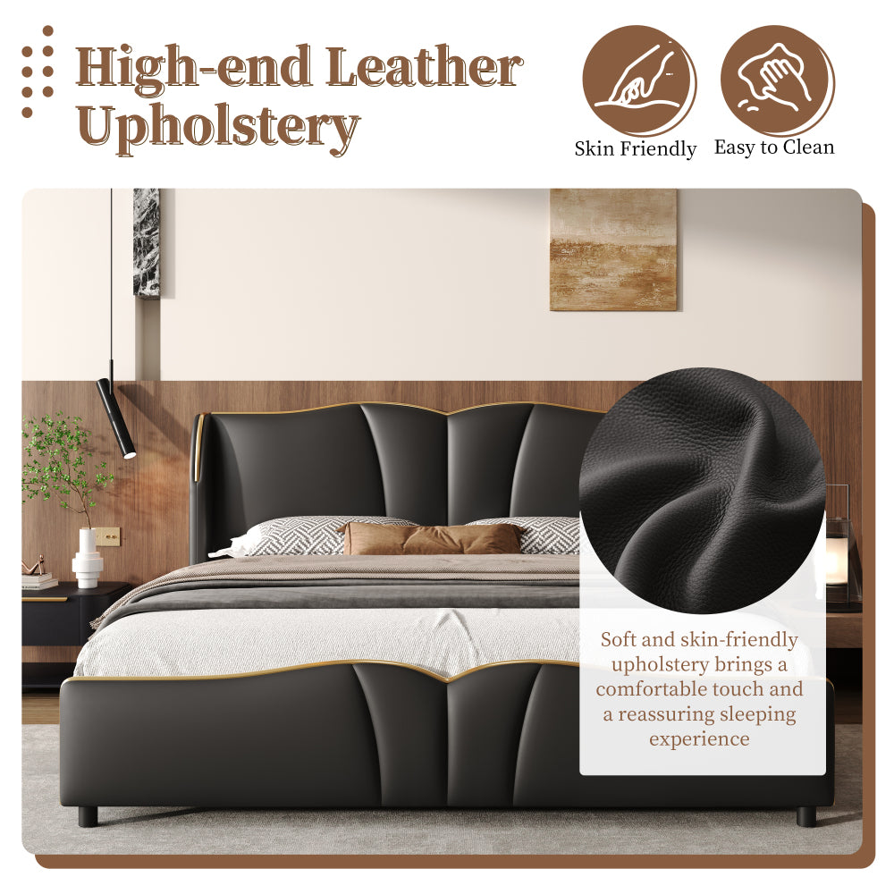 Queen Size PU Leather Wingback Platform Bed | Wave-Shaped Headboard & Footboard | 46.5" Tall Headboard | High-Resilience Sponge Fill | 800 lbs Wood Slats | No Box Spring Needed | Dark Green / Black / Antique Blue