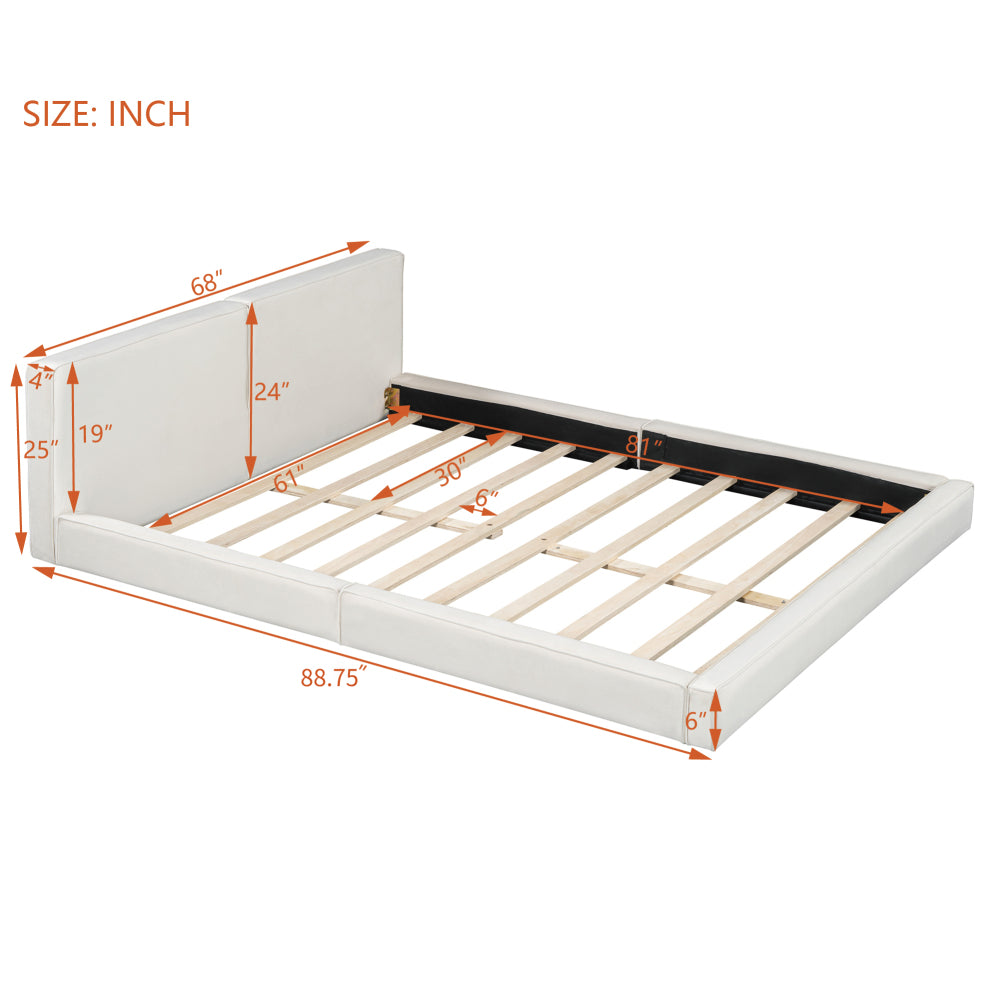 Queen Size Velvet Upholstered Platform Bed | Fully Wrapped Low Profile Frame | Solid MDF & Particle Board | No Box Spring Needed | Easy Assembly | Gray / Beige