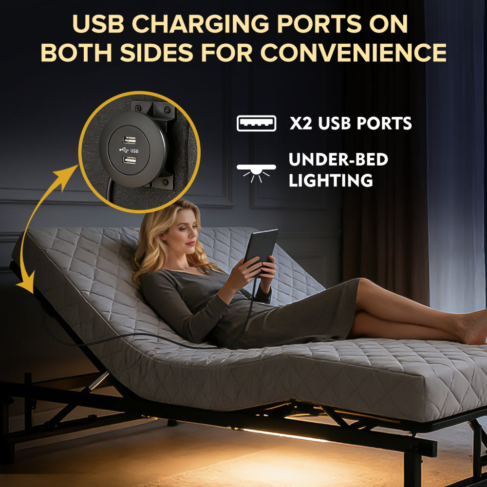 Queen Size Adjustable Bed Base | 0-61° Head & 0-37° Foot Incline | Wireless Remote | Zero Gravity & Anti-Snore | 4 USB Ports & Under-Bed Nightlights | Quiet Motor ≤90db | Black