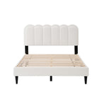 Full/Queen Size Boucle Platform Bed | Petal-Shaped Scalloped Headboard | Built-In Ambient Bedside Light | Rubberwood Legs | Silent Frame Design | No Box Spring Needed | White/Cream