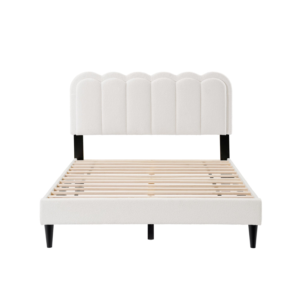 Full/Queen Size Boucle Platform Bed | Petal-Shaped Scalloped Headboard | Built-In Ambient Bedside Light | Rubberwood Legs | Silent Frame Design | No Box Spring Needed | White/Cream