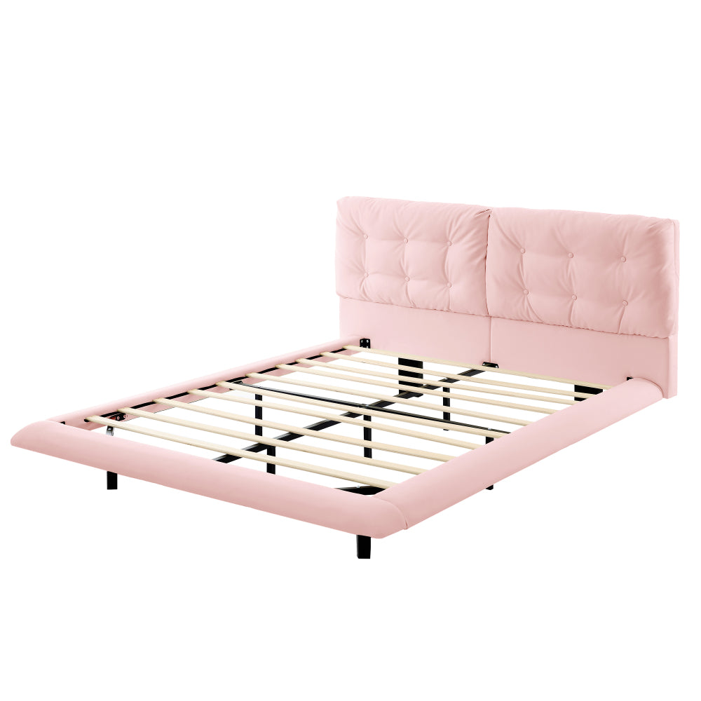 Queen Size PU Leather Floating Platform Bed | Button Tufted Segmented Headboard | Remote-Controlled LED Light Strip 6 Colors | 800 lbs | Hidden Leg Design | No Box Spring Needed | Pink / White / Khaki