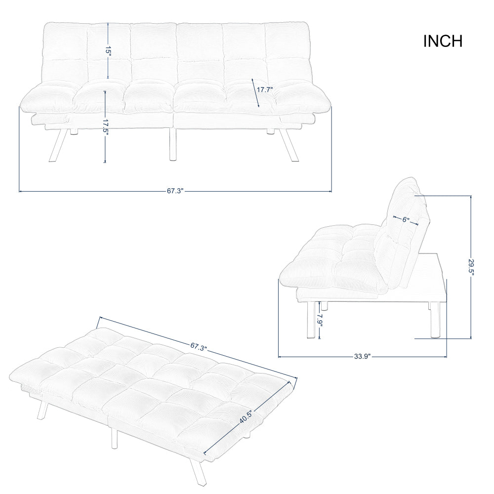 67" Multifunctional 2-Seat Sofa Bed | Foldable Corduroy Couch | 3-Position Adjustable Backrest + Armrest | High-Density Foam | Sturdy Wood + Metal Frame | 3-Second Switch | Living Room, Apartment, Studio | Light Gray/Black/Dark Gray/Green/Yellow