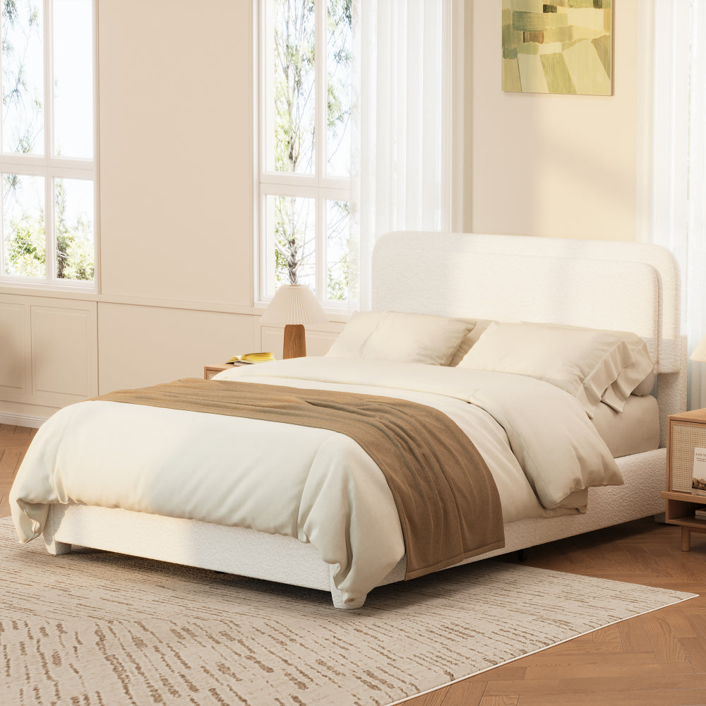 Full/Queen Size Boucle Platform Bed | Adjustable Curved Cloud Headboard 41"-43" | Foam Filled | Rounded Corner Protection | Low Profile | No Box Spring Needed | White