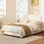 Full/Queen Size Boucle Platform Bed | Adjustable Curved Cloud Headboard 41"-43" | Foam Filled | Rounded Corner Protection | Low Profile | No Box Spring Needed | White