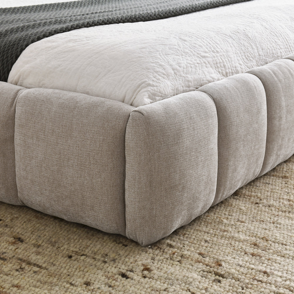 Queen Size Low Profile Platform Bed | Square Tufted Chenille Upholstered | Headboard & Footboard | 500 lbs | No Box Spring Needed | Beige/Dark Gray/Pink/Blue-Green