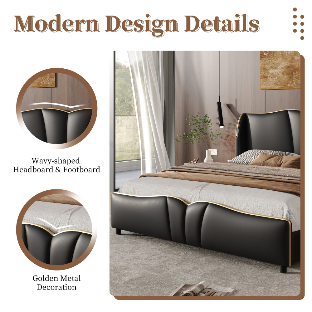 Queen Size PU Leather Wingback Platform Bed | Wave-Shaped Headboard & Footboard | 46.5" Tall Headboard | High-Resilience Sponge Fill | 800 lbs Wood Slats | No Box Spring Needed | Dark Green / Black / Antique Blue