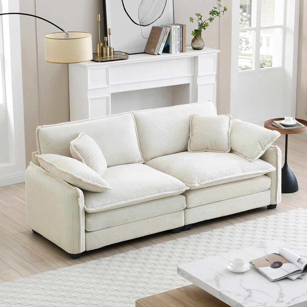 Large Deep-Seat 2-Seat Corduroy Sofa | Fashion-Retro Blend Design | Double-Layer Memory Foam Cushions | Removable Armrests + 4 Throw Pillows | Cloud-Like Comfort | Living Room, Bedroom, Flat | Beige/Tan/Green/Gray