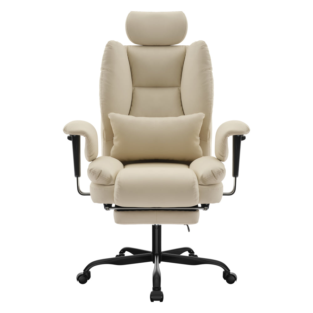 Ergonomic High-Back PU Leather Office Chair | 440 lbs Capacity | Liftable Headrest + Retractable Footrest | Double-Layer Spring Sponge + Memory Foam | Height-Adjustable Armrests | Lumbar Support | Computer, Executive Chair | Beige/Black