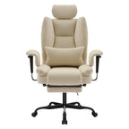 Ergonomic High-Back PU Leather Office Chair | 440 lbs Capacity | Liftable Headrest + Retractable Footrest | Double-Layer Spring Sponge + Memory Foam | Height-Adjustable Armrests | Lumbar Support | Computer, Executive Chair | Beige/Black