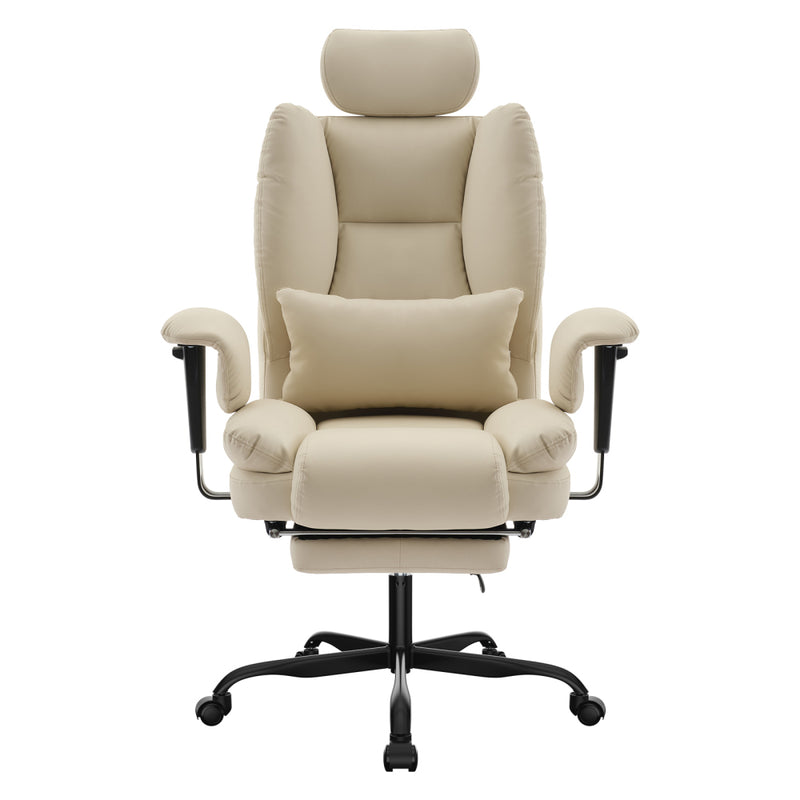 Ergonomic High-Back PU Leather Office Chair | 440 lbs Capacity | Liftable Headrest + Retractable Footrest | Double-Layer Spring Sponge + Memory Foam | Height-Adjustable Armrests | Lumbar Support | Computer, Executive Chair | Beige/Black