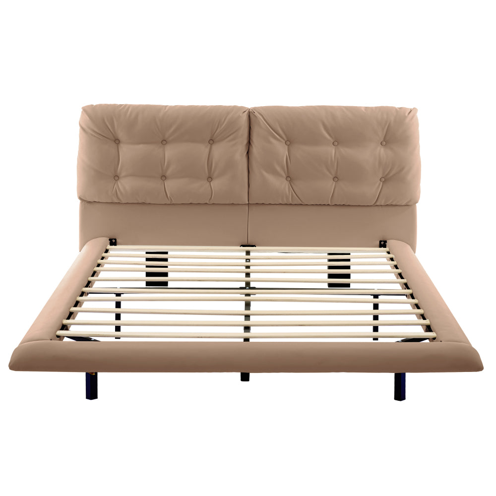 Queen Size PU Leather Floating Platform Bed | Button Tufted Segmented Headboard | Remote-Controlled LED Light Strip 6 Colors | 800 lbs | Hidden Leg Design | No Box Spring Needed | Pink / White / Khaki