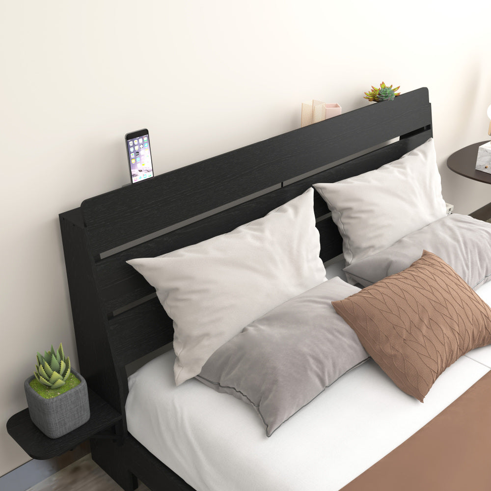 Full/Queen Size Wood Platform Bed with Bookshelf Storage Headboard | 2 Drawers | 2 AC Outlets 1 USB 1 Type-C Charging Station | 60,001 Color LED Lights APP Control | No Box Spring | Brown/Black/Walnut