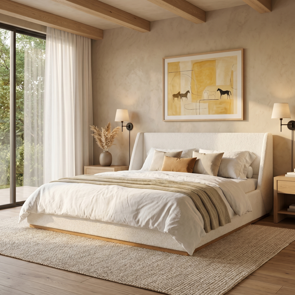 Queen/King Size Luxury Wingback Platform Bed | Splash-Resistant Boucle Fabric | High-Elasticity Foam Padding | Solid Rubberwood Frame | 800 lbs | No Box Spring Needed | White