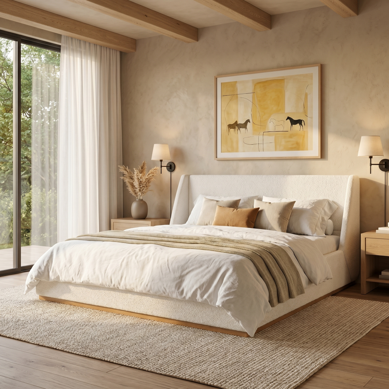 Queen/King Size Luxury Wingback Platform Bed | Splash-Resistant Boucle Fabric | High-Elasticity Foam Padding | Solid Rubberwood Frame | 800 lbs | No Box Spring Needed | White