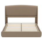 Queen Size Linen Upholstered Platform Bed | Curved Wingback Headboard | Fully Upholstered Frame | Solid Wood & Reinforced Slats | No Box Spring Needed | Easy Assembly | Beige / Brown