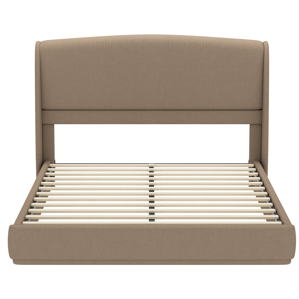 Queen Size Linen Upholstered Platform Bed | Curved Wingback Headboard | Fully Upholstered Frame | Solid Wood & Reinforced Slats | No Box Spring Needed | Easy Assembly | Beige / Brown